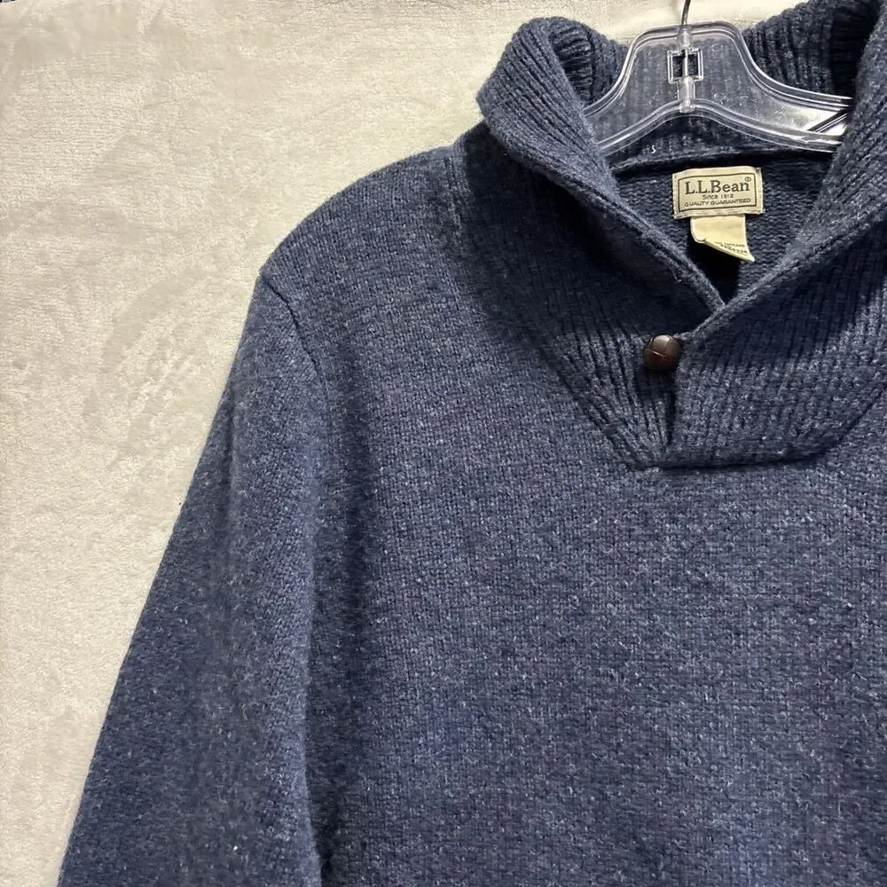 LL Bean Shetland Wool Shawl Collar Sweater Men's Size Large Blue Elbow Patches